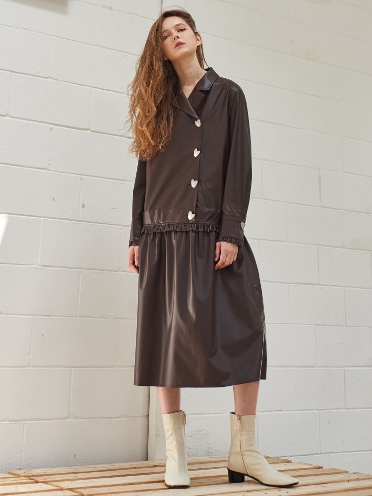 [SOLDOUT][미테]TAILOR ECO LEATHER SHIRRING DRESS_BROWN