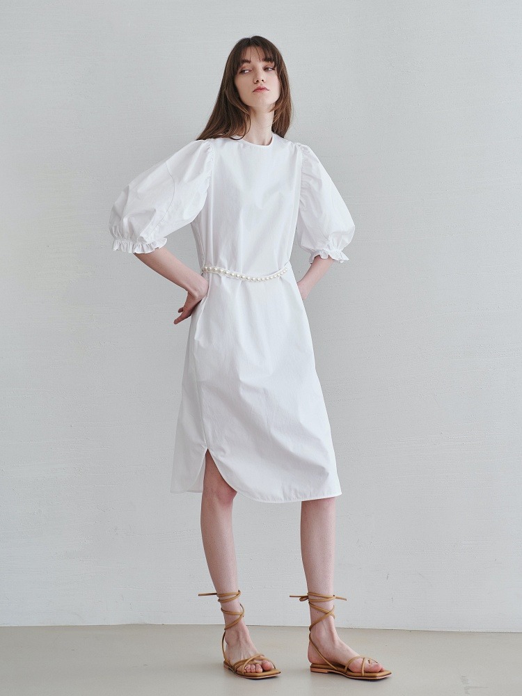 [SOLDOUT][미테] PEARL BELTED VOLUME DRESS_WHITE